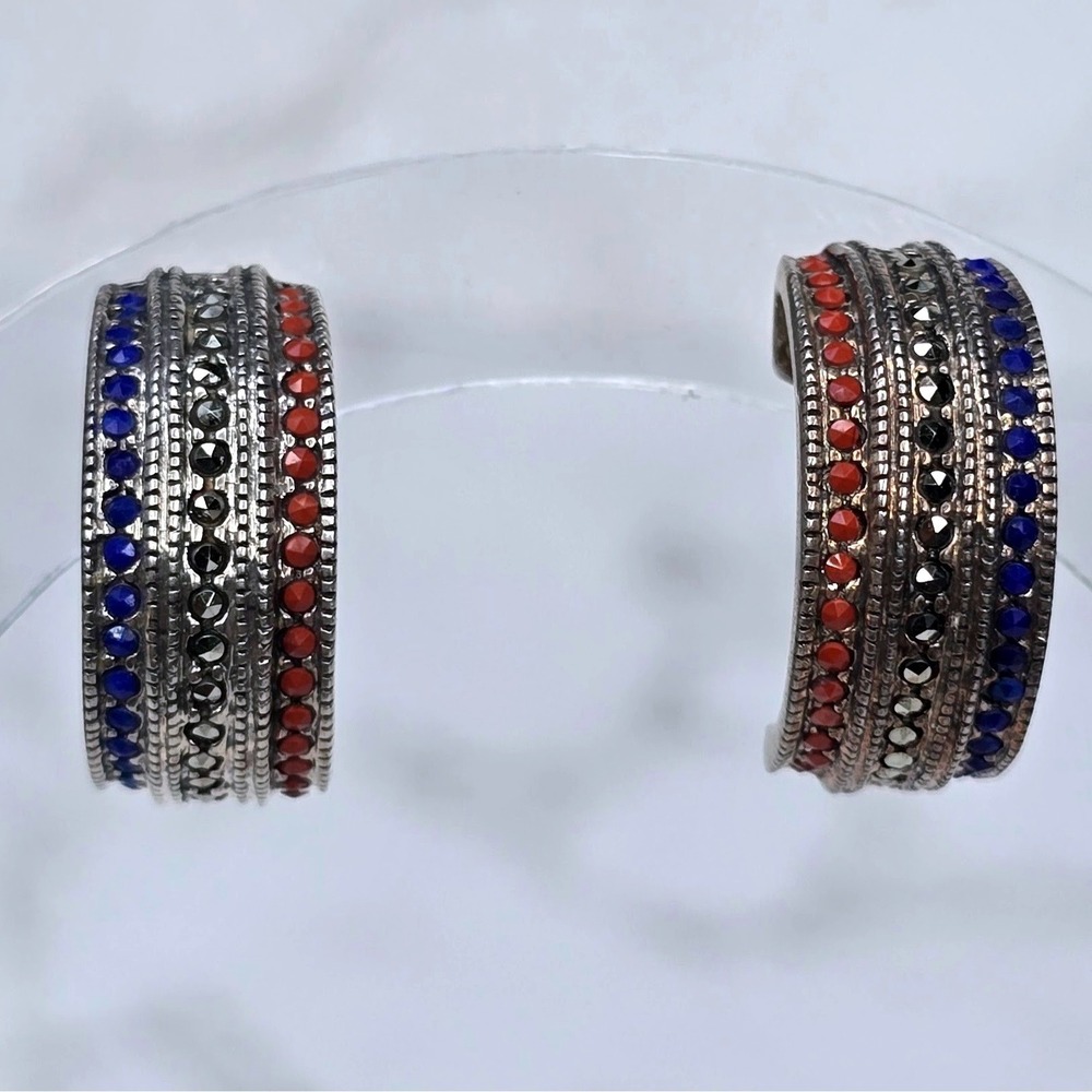 Vintage 925 Italy Sterling Silver Red White Blue Patriotic Hoop Earrings Huggie